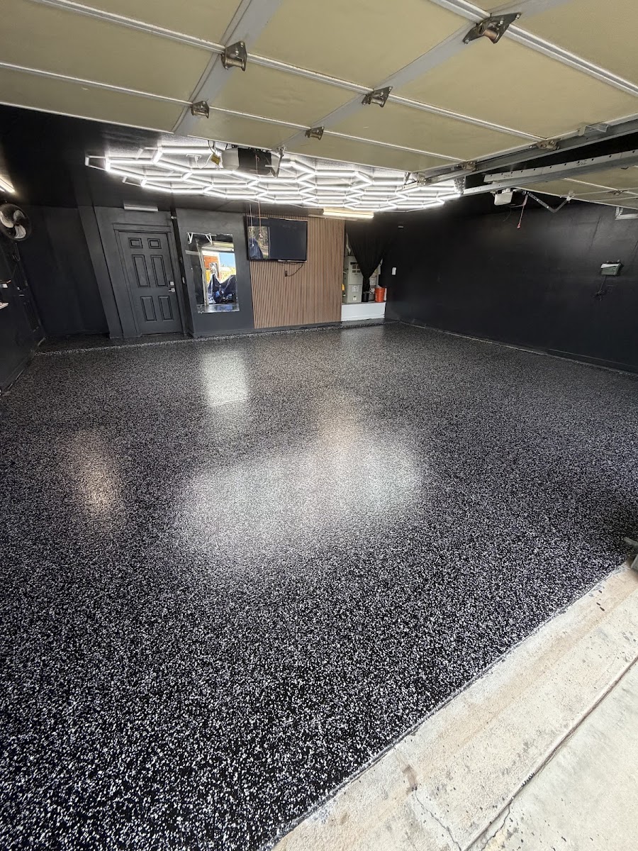 Flake epoxy floor finish shown in a room